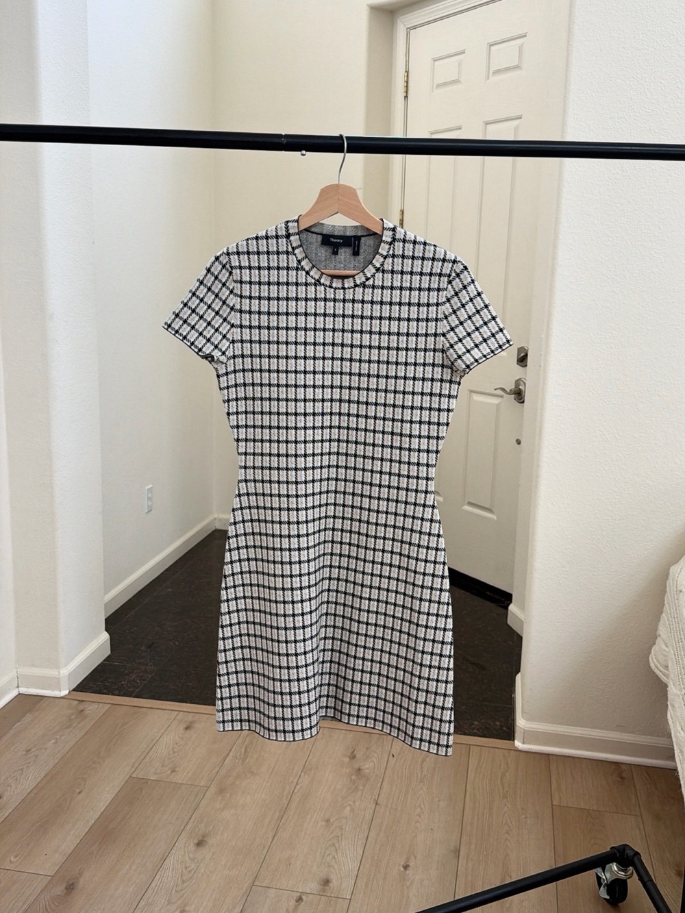 Theory Branteen Checked Knit Fit & Flare Mini Dress Oatmeal Black Size S - Picture 2 of 4
